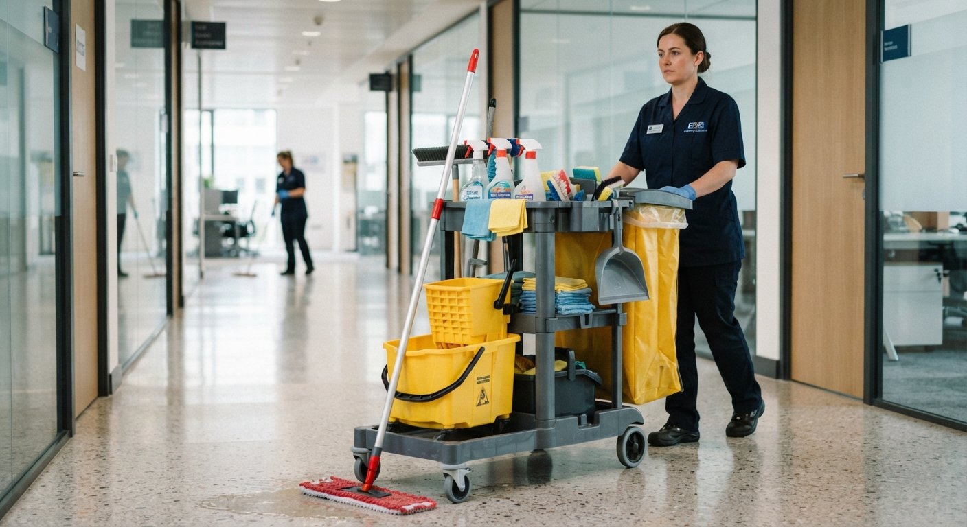 Heavy duty commercial janitorial cleaning trolley configured for hotel and hospital maintenance