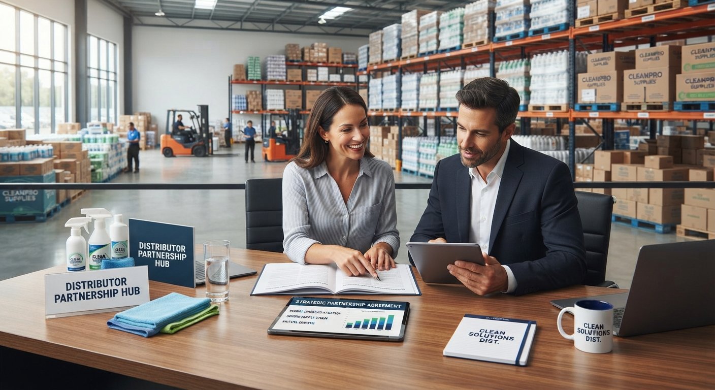 Business partners reviewing commercial janitorial wholesale distribution agreements in Netherlands