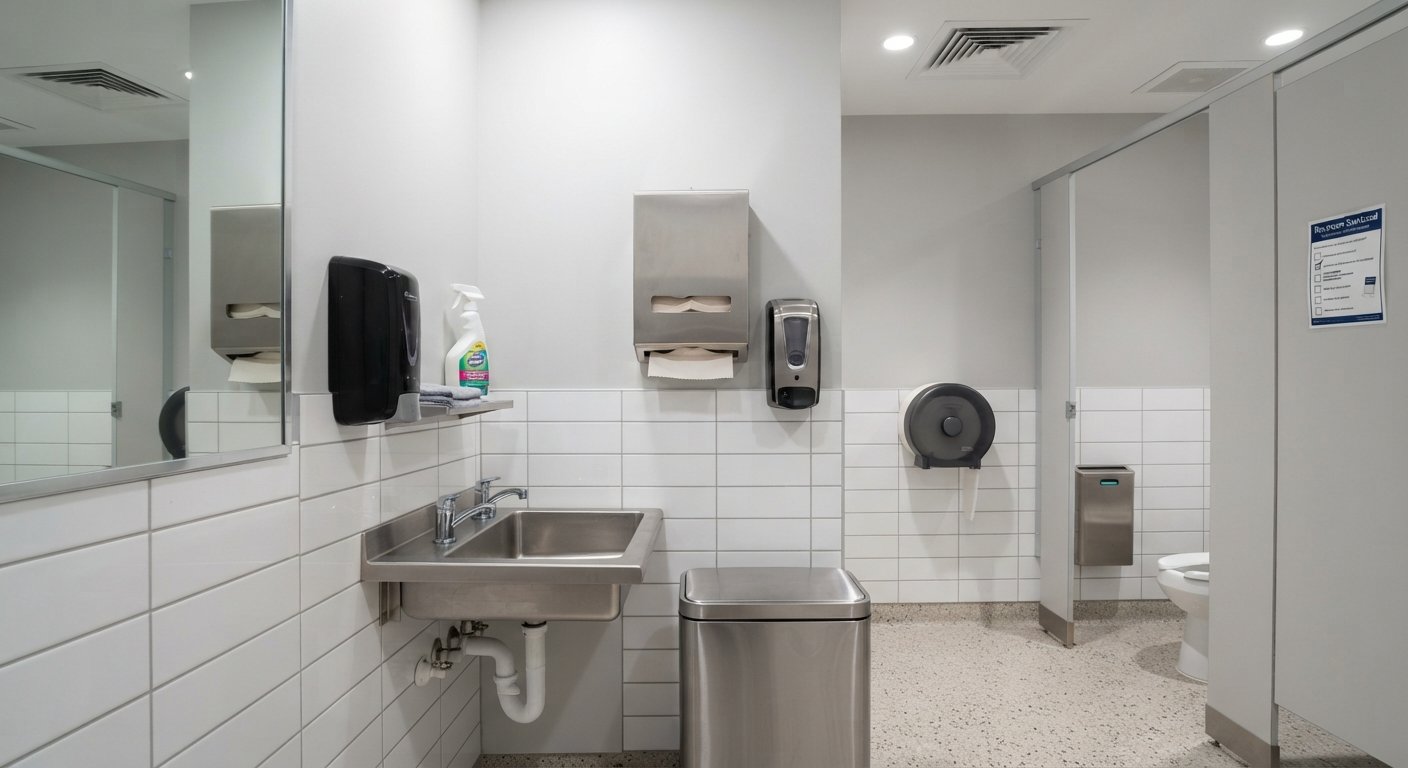 Modern commercial washroom hygiene supplies and dispensers in European corporate building
