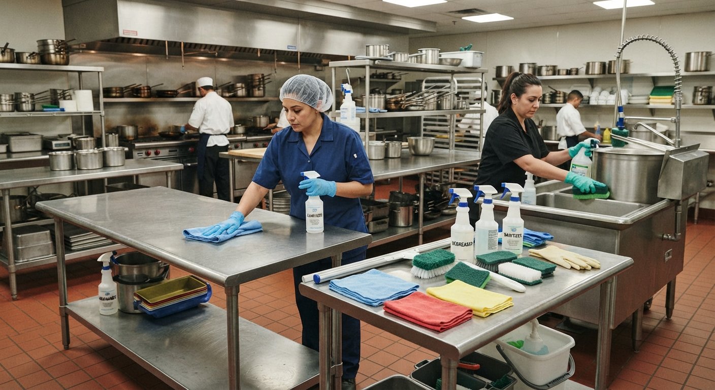 Stainless steel commercial kitchen sanitation with professional dish cloths and scouring accessories