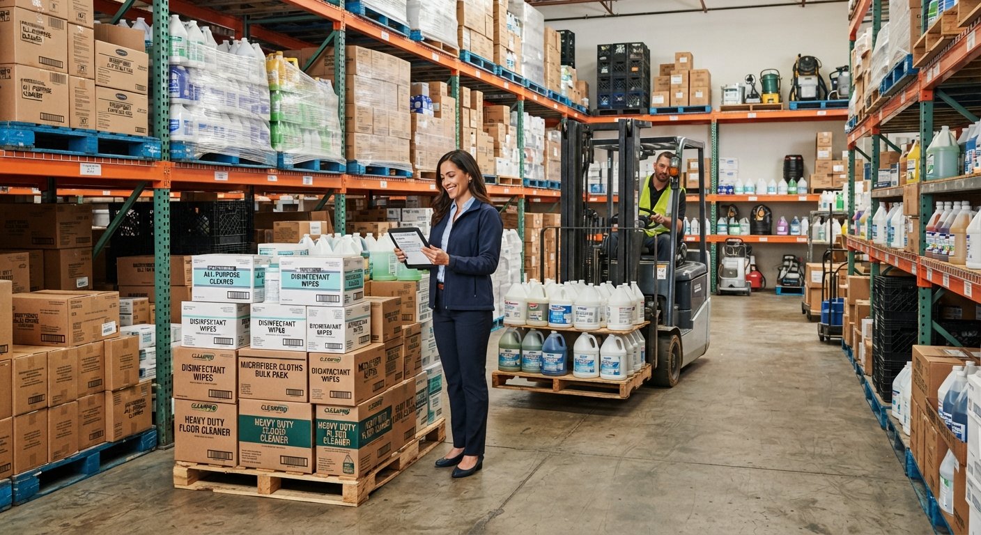 Palletized bulk cleaning product inventory storage in commercial distribution hub