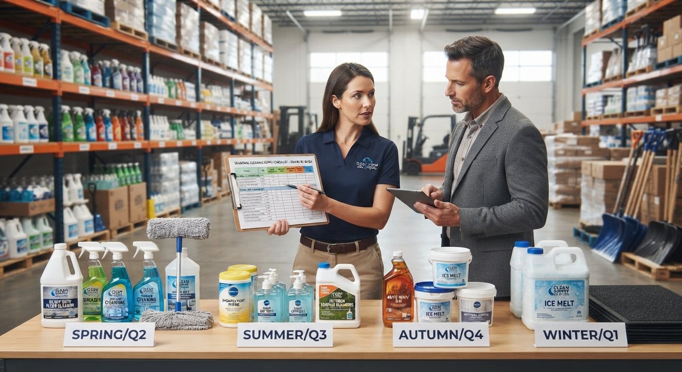 Seasonal commercial cleaning supply inventory preparation and warehouse planning