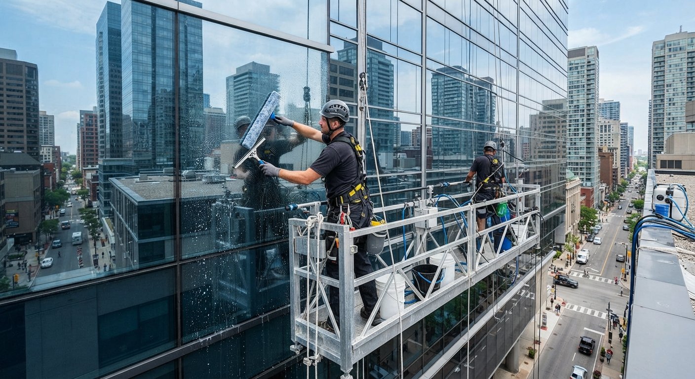 Professional window cleaning squeegee and telescopic equipment on commercial office facade